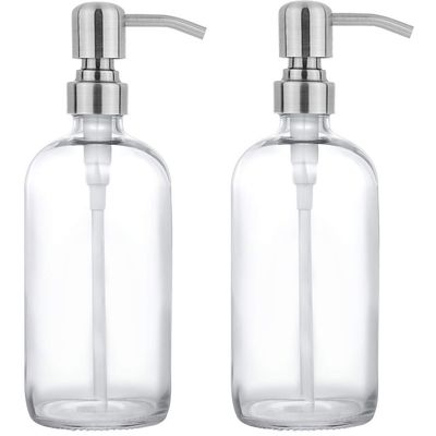 2 Pack Thick Clear Glass Pint Jar Soap Dispenser with Silver Stainless Steel Pump, 16ounce Clear Boston Round Bottles Dispenser with Rustproof Pump for Essential Oil, Lotion Soap