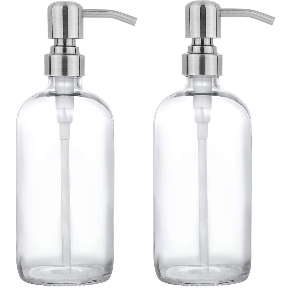 2 Pack Thick Clear Glass Pint Jar Soap Dispenser with Silver Stainless Steel Pump, 16ounce Clear Boston Round Bottles Dispenser with Rustproof Pump for Essential Oil, Lotion Soap
