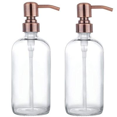 2 Pack Thick Clear Glass Pint Jar Soap Dispenser with Copper Stainless Steel Pump, 16ounce Clear Boston Round Bottles Dispenser with Rustproof Pump for Essential Oil, Lotions Soap
