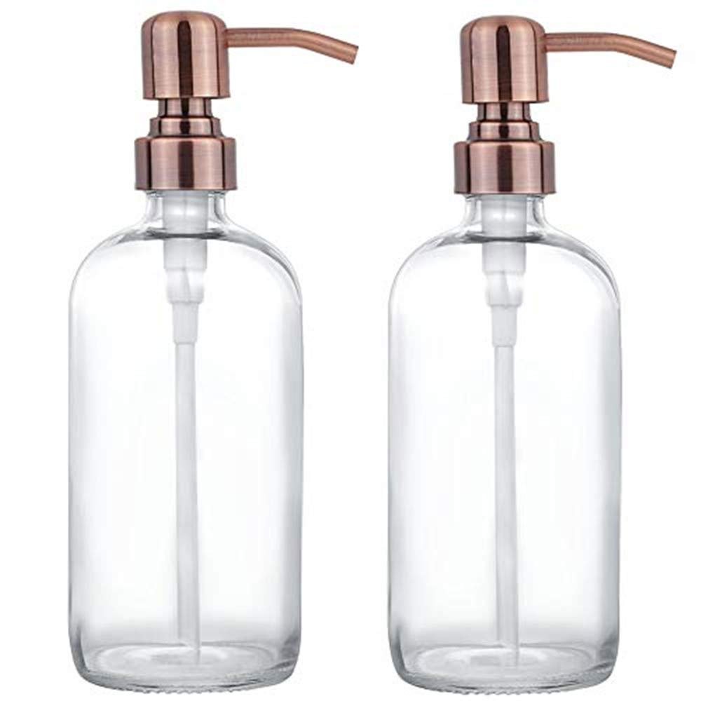 2 Pack Thick Clear Glass Pint Jar Soap Dispenser with Copper Stainless Steel Pump, 16ounce Clear Boston Round Bottles Dispenser with Rustproof Pump for Essential Oil, Lotions Soap