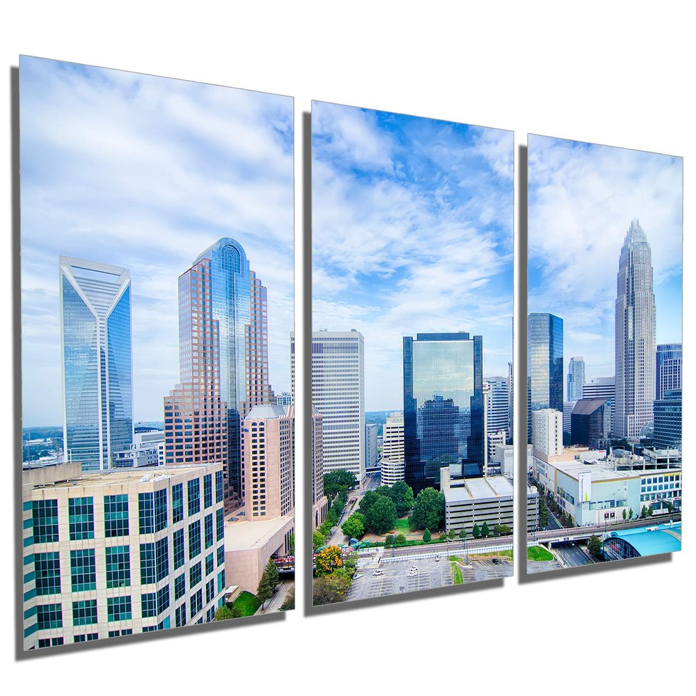 60 x 30 TOTAL - Charlotte, NC Skyline. Metal Print wall art. 3 Panel split, Triptych HD aluminum multi panel print