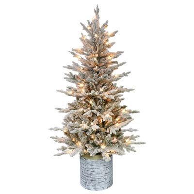 Puleo International 4.5ft Pre-Lit Potted Flocked Arctic Fir Christmas Tree with 70 Clear Lights, 419 Realistic Dense Snow Flocked Branch Tips, Easy Setup Artificial Trees with Sturdy Stand