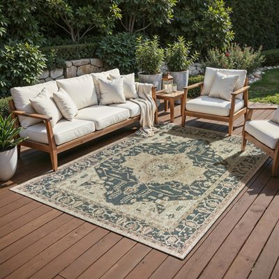 Oriental Weavers Latitude Indoor/Outdoor Rug - 001J3-3'3" x 5' - in Grey/Gold - Vintage Inspired, Water, Stain and Fade Resistant, Hose Clean, Patio, Outdoor Living Area Rug