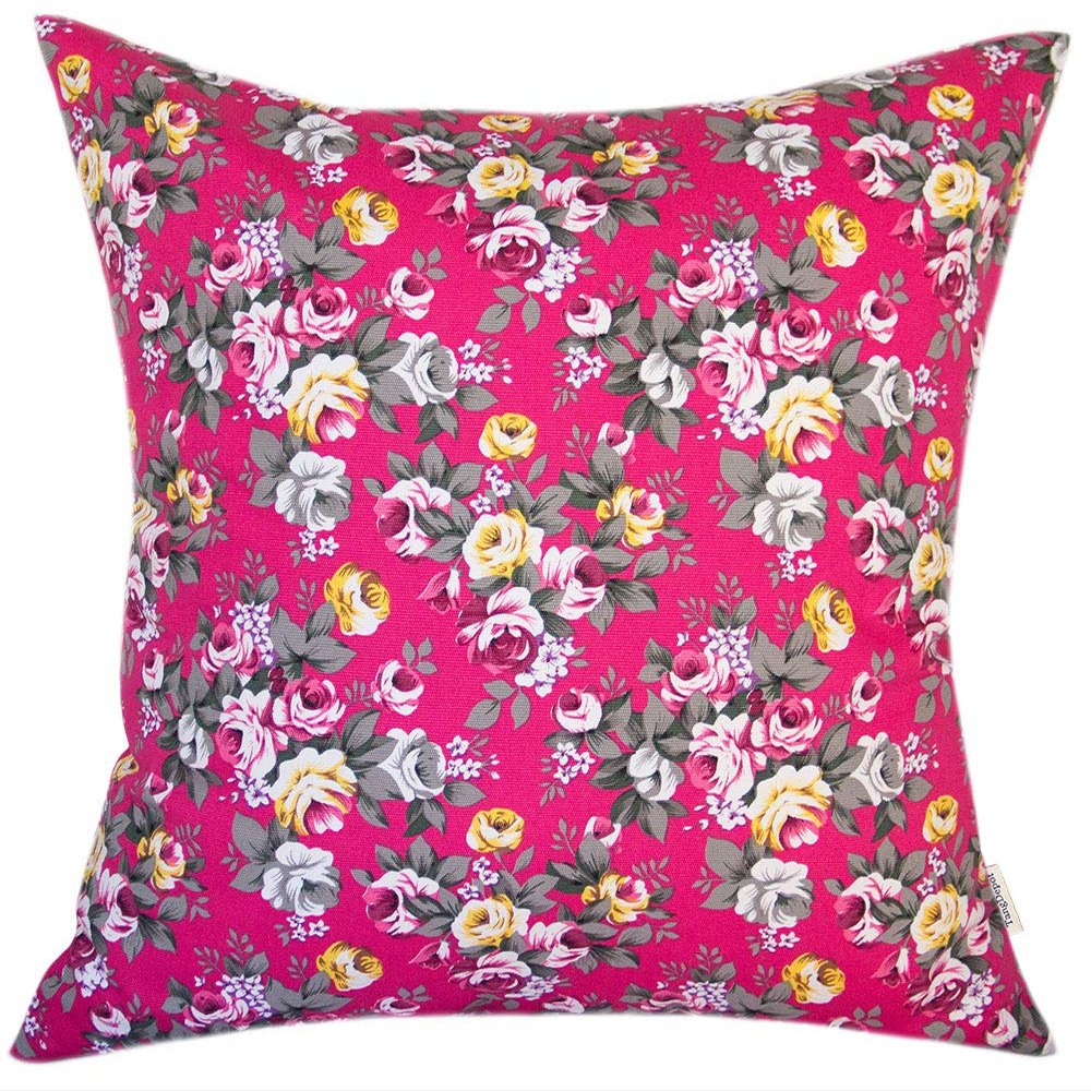 TangDepot Cotton Floral Cushion Cover 14"x14" Yellow and Red Rose