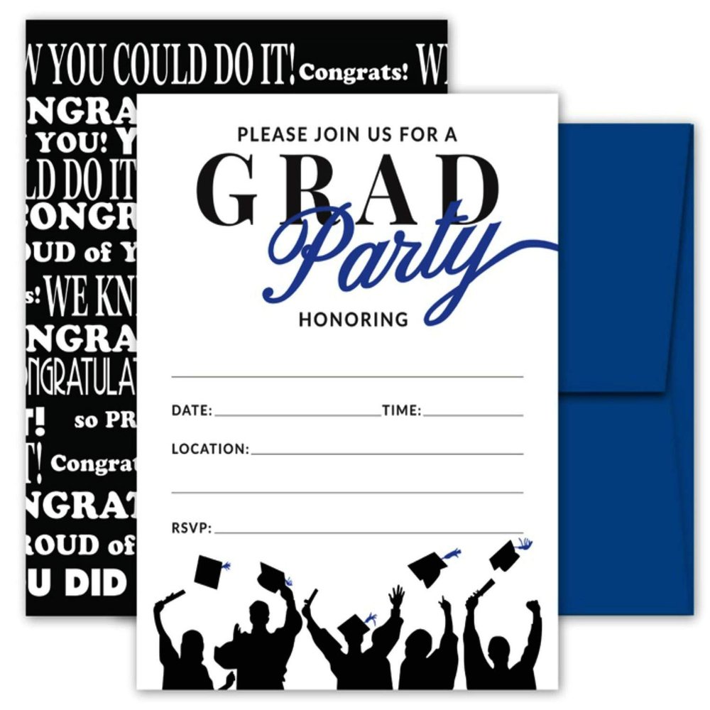 25 Blue & Black Graduation Party Invitations with Envelopes for College, High School, University Grad Celebration or Announcement- Invite Cards Fill In Style- Party Decorations Supplies