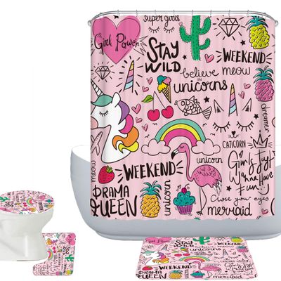Amagical 4PCS Funny Unicorn Ice Cream Pineapple Cherry Pink Shower Curtain Set with Bathroom Mat Set Decor, Bath Mat Contour Mat Toilet Cover Shower Curtain