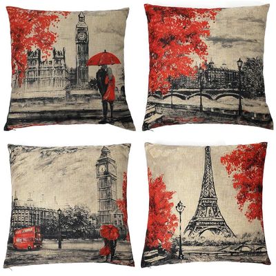 COGOCO Eiffel Tower & Big Ben Square Decorative Pillow Covers Cotton Linen Lovers Valentines Day Throw Pillow Covers Set of 4 Cushion Covers 18x18 inch, 4 Packs (Eiffel Tower & Big Ben)