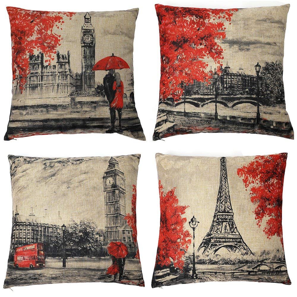 COGOCO Eiffel Tower & Big Ben Square Decorative Pillow Covers Cotton Linen Lovers Valentines Day Throw Pillow Covers Set of 4 Cushion Covers 18x18 inch, 4 Packs (Eiffel Tower & Big Ben)