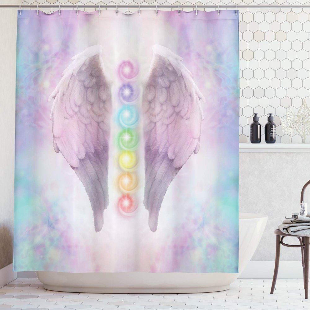 Ambesonne Angel Wings Shower Curtain, Angelic Mandala Yoga Ethereal Pastel Psychedelic Theme Illustration, Cloth Fabric Bathroom Decor Set with Hooks, 69" W x 84" L, Pastel Blue Purple