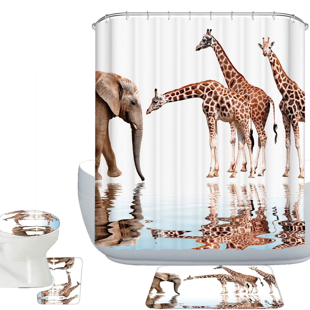 Amagical Cute Animals Giraffes with Elephant Pattern 4 Piece Bathroom Mat Set Shower Curtain Set Non Slip Bath Mat Contour Mat Toilet Cover 12 Hooks