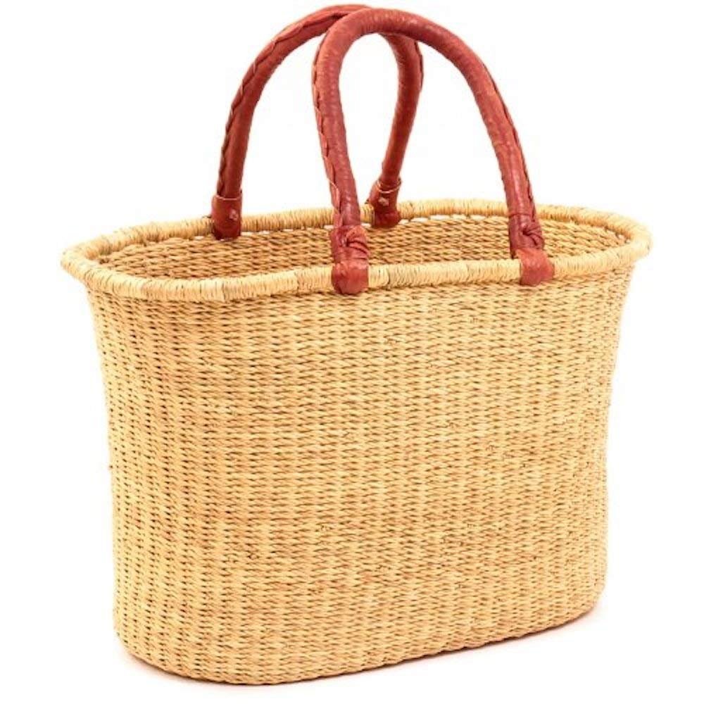 African Market Basket, Large Oval Woven Straw Basket with Handle Fair Trade Storage Organizer