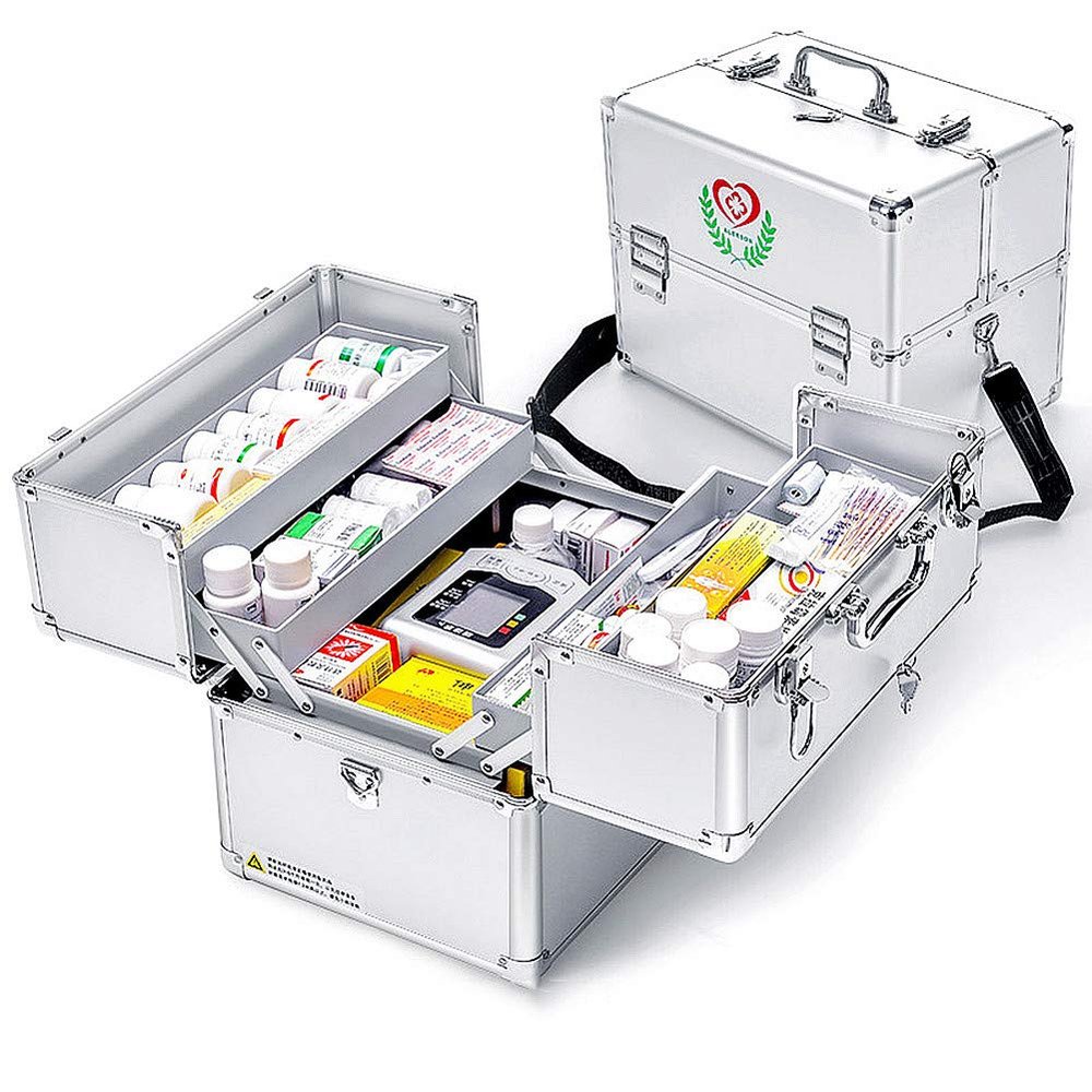 Nurth First Aid Kit Lockable First Aid Box Security Lock Medicine Storage Box with Portable Handle,Medication Lock Box 3 Tier Design/Precription Storage Box Large Space 14 9.8 11inch (Silver)