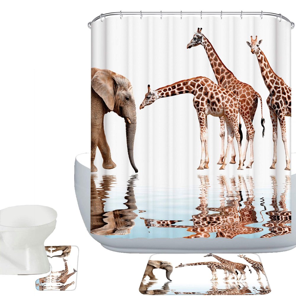 Amagical Cute Animals Giraffes with Elephant Pattern 3 Piece Bathroom Mat Set Shower Curtain Set Non Slip Bath Mat + Contour Mat + 12 Hooks