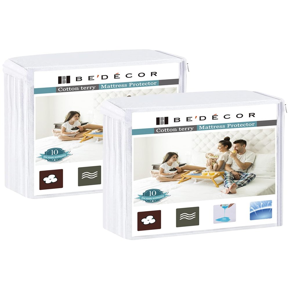 Bedecor 2 Packs Queen Mattress Protector Waterproof Protection Soft Cotton Terry Top Cover,for Babies Pregnant Women Incontinent Persons Deep Pocket to 18"