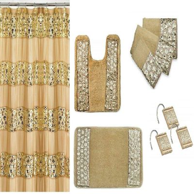 Popular Bath 7 Piece Sinatra Sequins Shower Curtain, Resin Hooks, Towels and Rugs Set, Champagne Gold