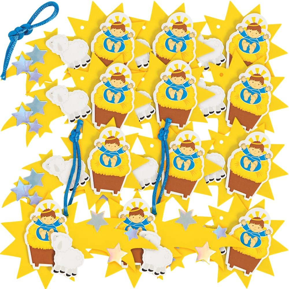Fun Express Baby Jesus & Star Ornament Craft Kit - 4" x 3" (12 Sets) - Multicolor Foam & Iridescent Foil Decorations For Christmas