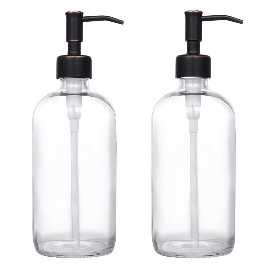 2 Pack Thick Clear Glass Pint Jar Soap Dispenser with Oil Rubbed Bronze Stainless Steel Pump, 16ounce Clear Boston Round Bottles Dispenser with Rustproof Pump for Essential Oil, Liquid Soap