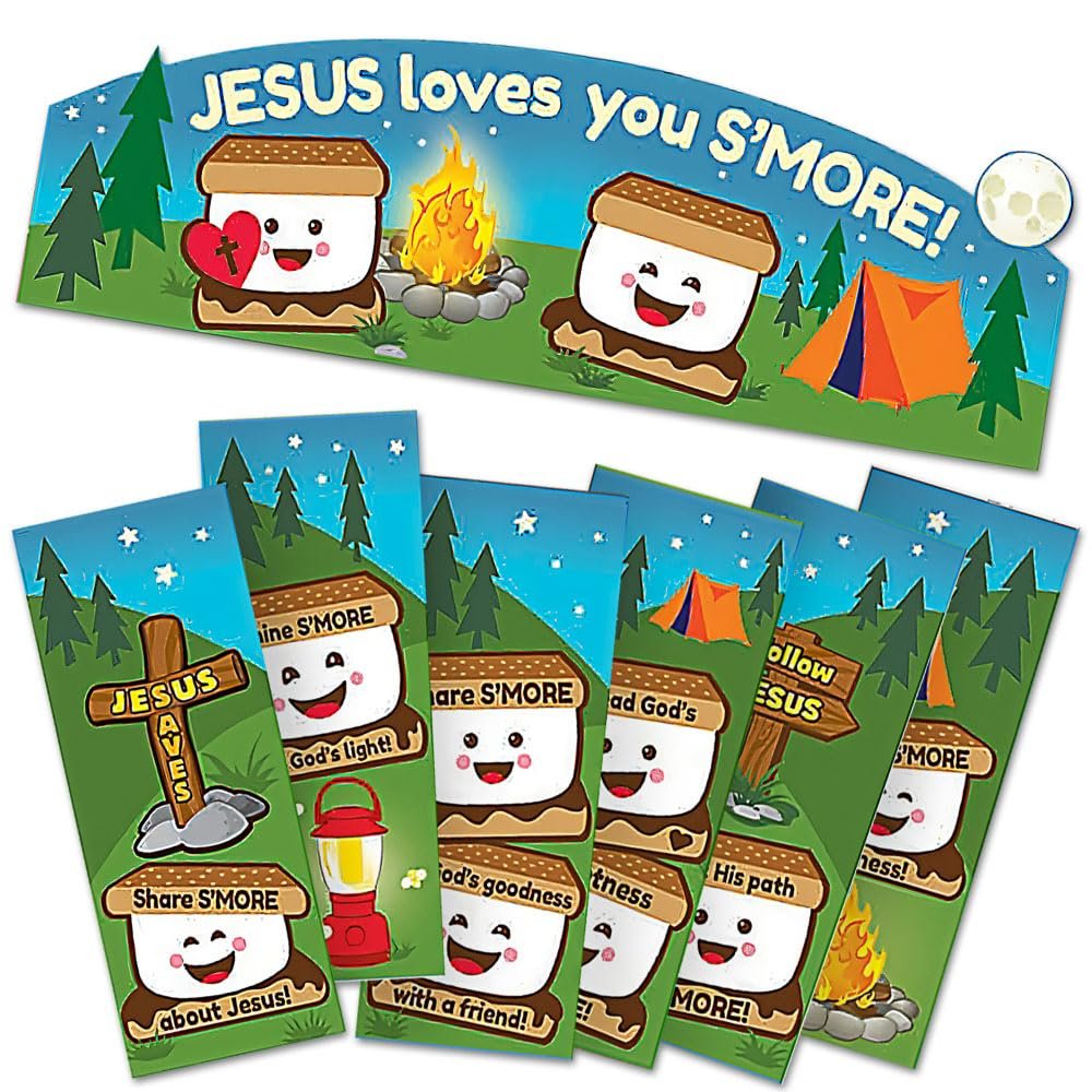 Fun Express Jesus Loves You Smore Door Border - Vibrant, Inspirational Party Decor for Classrooms Churches Home & Special Events - Perfect for Religious Celebrations, Schools and Churches - 1 Piece