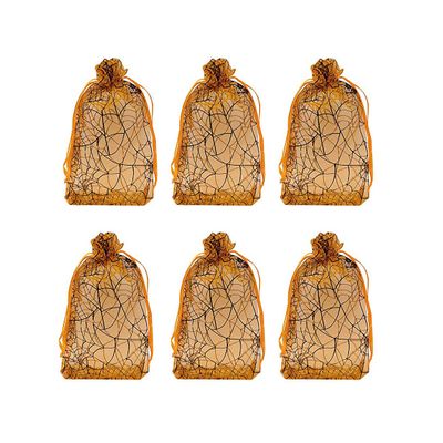 Tvoip Organza Bags - 100pcs Lot, 4"x6" (10x15cm) Drawstring Black Spider Web Packaging Bags for Wedding, Christmas, Candy, Jewelry & More (Orange Spidery)