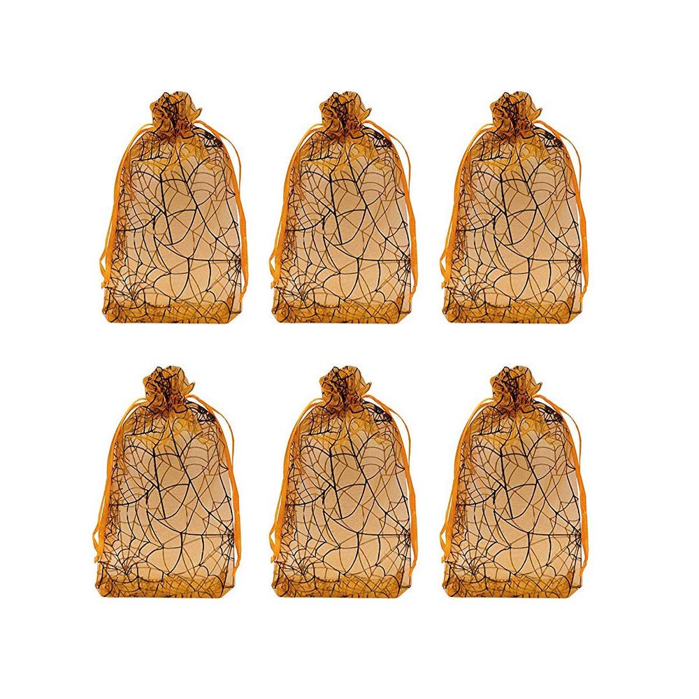 Tvoip Organza Bags - 100pcs Lot, 4"x6" (10x15cm) Drawstring Black Spider Web Packaging Bags for Wedding, Christmas, Candy, Jewelry & More (Orange Spidery)