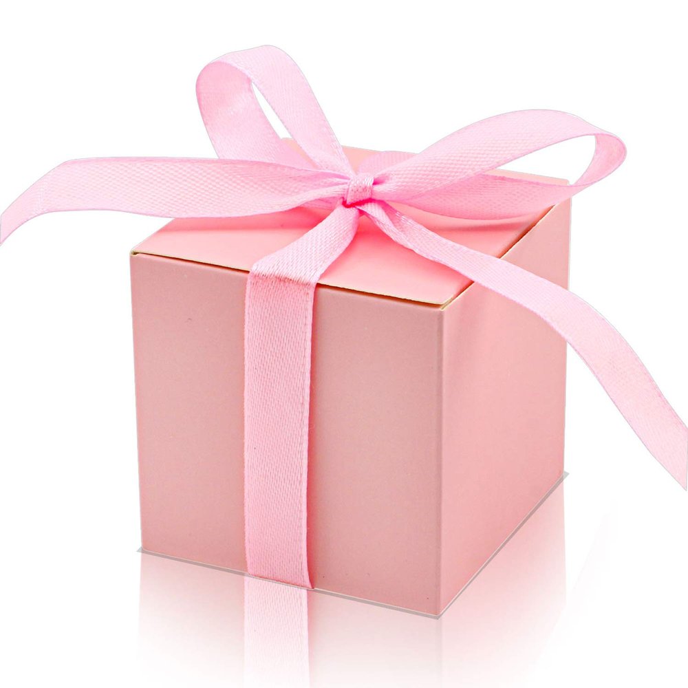 KPOSIYA 70 Pack Favor Boxes 2x2x2 inch Candy Boxes Pink Gift Boxes with Ribbons for Wedding Baby Shower Decorations Birthday Party Supplies