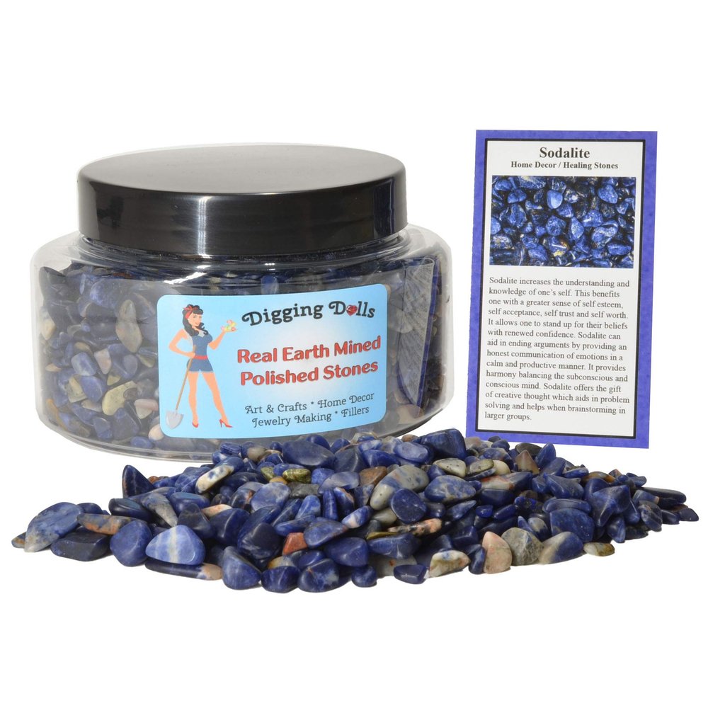 Digging Dolls: 1 Gift Jar (Around 2 lbs) of Tumbled Sodalite Chip Stones w/Stone Information Card - Polished Rocks for Crafts, Art, Vase Filler, Decoration, Crystal Jewelry Making and More!
