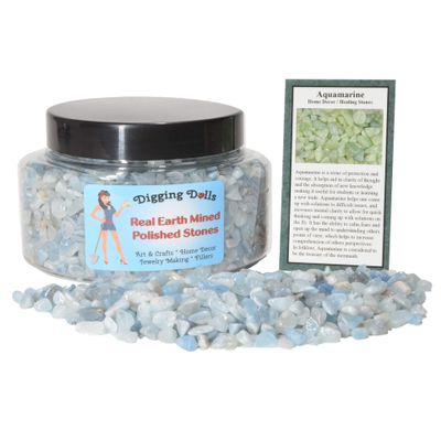 Digging Dolls: 1 Gift Jar (Around 2 lbs) of Tumbled Aquamarine Chip Stones w/Stone Information Card - Polished Rocks for Crafts, Art, Vase Filler, Decoration, Crystal Jewelry Making and More!