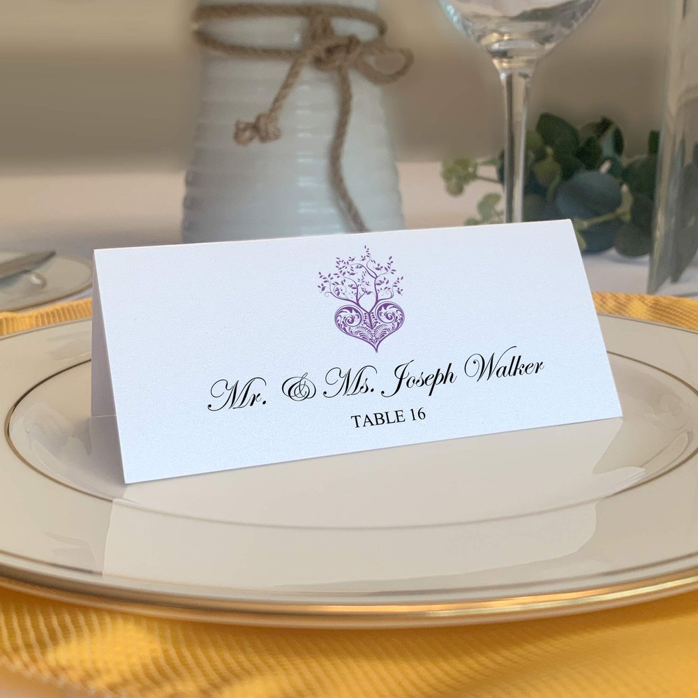 Tree of Life Heart Place Cards, Purple (Choose Color), Set of 150, Pre-cut and Scored - Wedding, Party, Dinner, and Special Events - Made in the USA