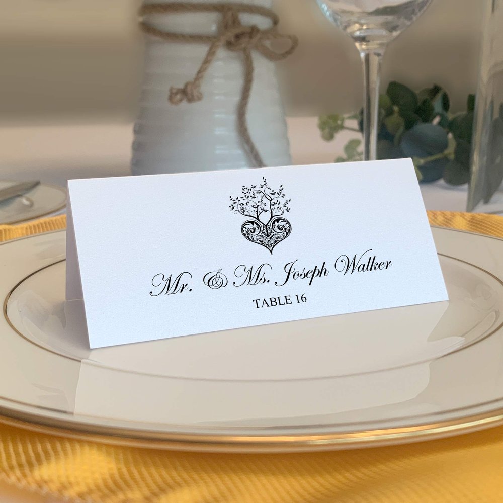 Tree of Life Heart Place Cards, Black (Choose Color), Set of 150, Pre-cut and Scored - Wedding, Party, Dinner, and Special Events - Made in the USA
