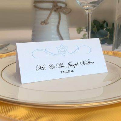 Intertwined Star of David Flourish Jewish Place Cards, Light Blue (Choose Color), Set of 150, Pre-cut and Scored - Wedding, Party, Dinner, and Special Events - Made in the USA