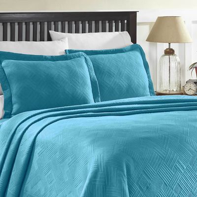 BNM Oversized Geometric Fret Design Matelasse Cotton Bedspread, Jacquard Weave, Soft, All-Season, Cozy, Lightweight, Perfect for Master or Guest Bedroom, Matching Pillow Shams, Full, Peacock Blue