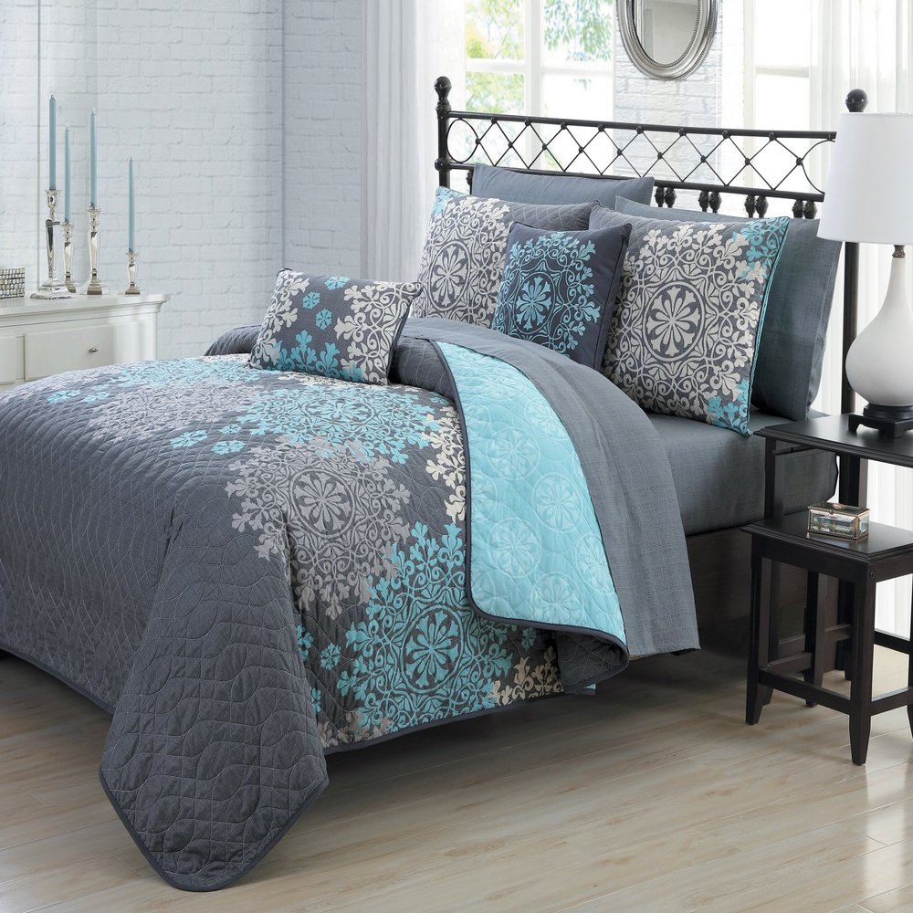 Avondale Manor Geneva Home Fashion Amber 7pc Reversible Quilt with Sheet Bedding Set, Twin, Aqua