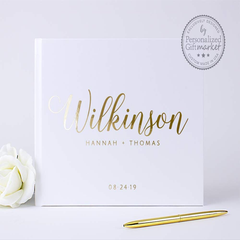 White and Gold Wedding Guest Book, Personalized Wedding Photo Album or Sign-In Book, Alternative Guestbook - Hardcover (12x12 inches)