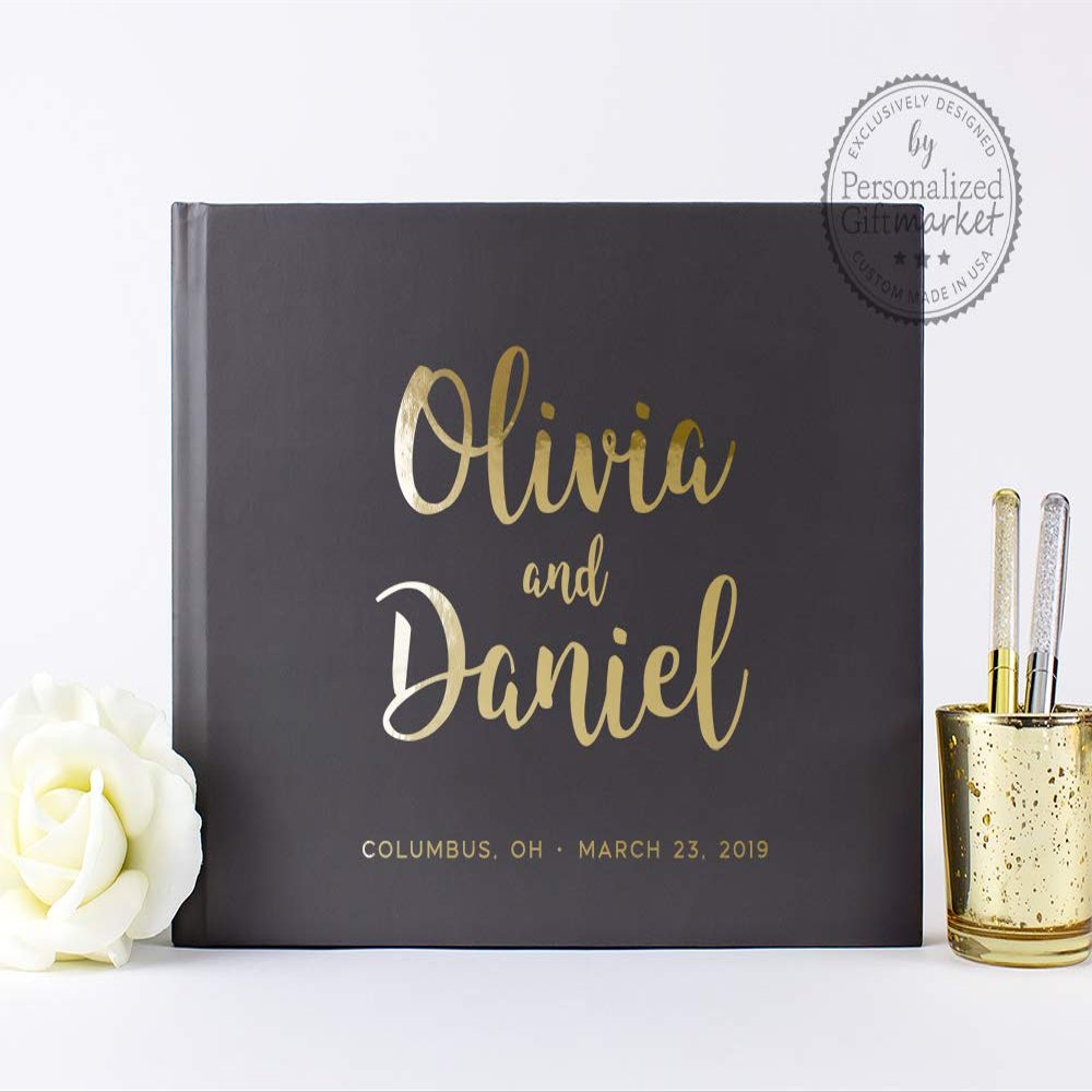 Wedding Guest Book Personalized with Bride & Groom Names, Signature Well Wishes Book or Photo Booth Album in Gray - Hardcover (10x8 inches)