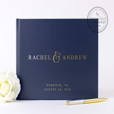Navy Blue Wedding Guest Book, Classic Navy Gold Photo Album or Sign-in Personalized Guestbook with Bride & Groom Names - Hardcover (12x12 inches)