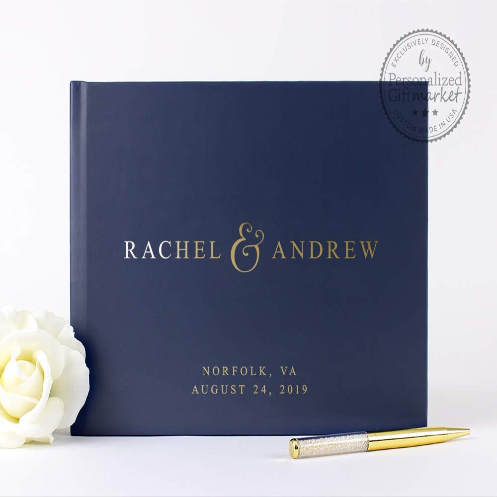 Navy Blue Wedding Guest Book, Classic Navy Gold Photo Album or Sign-in Personalized Guestbook with Bride & Groom Names - Hardcover (12x12 inches)