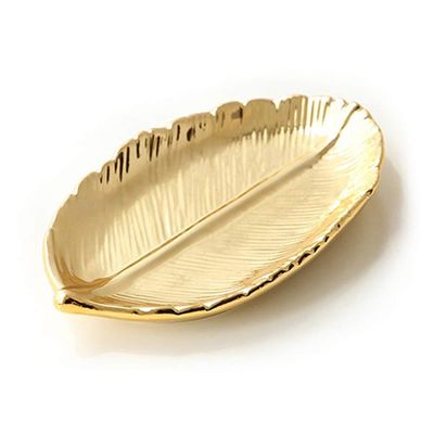 Lependor Golden Leaf Shaped Small Ceramic Jewelry Ring Dish Necklace Bracelet Holder Tray Organizer, Ceramic Decorative Trinket Dish for Wedding Party Woman Girl -Small Gold Leaf