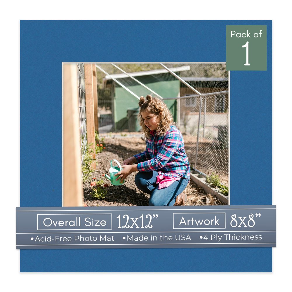 CountryArtHouse Royal Blue Acid Free 12x12 Picture Frame Mats with White Core Bevel Cut for 8x8 Pictures - Fits 12x12 Frame - One Mat - With Bag & Backing