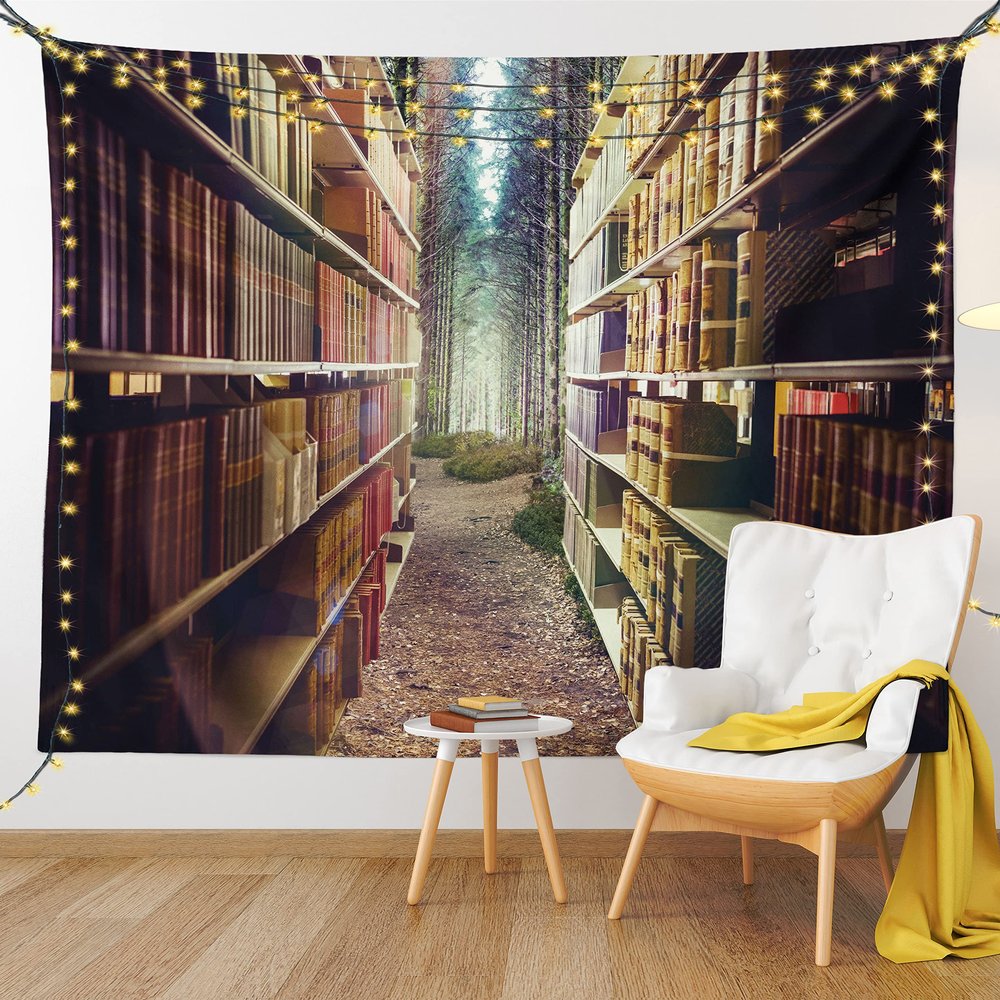 Ambesonne Bookshelf Tapestry, Digital Illustration of Abstract Design Library in Forest Academic Themed Picture, Wall Hanging for Bedroom Living Room Dorm, 80" X 60", Brown Green