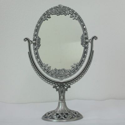 SEHAMANO Vintage Oval Double Sided Embossed Roses Frame Makeup Table Mirror for Bathroom Bedroom Dressing, Antique Decorative Vanity Cosmetic Metal Stand Mirror (Large, Tin (Matt Silver))