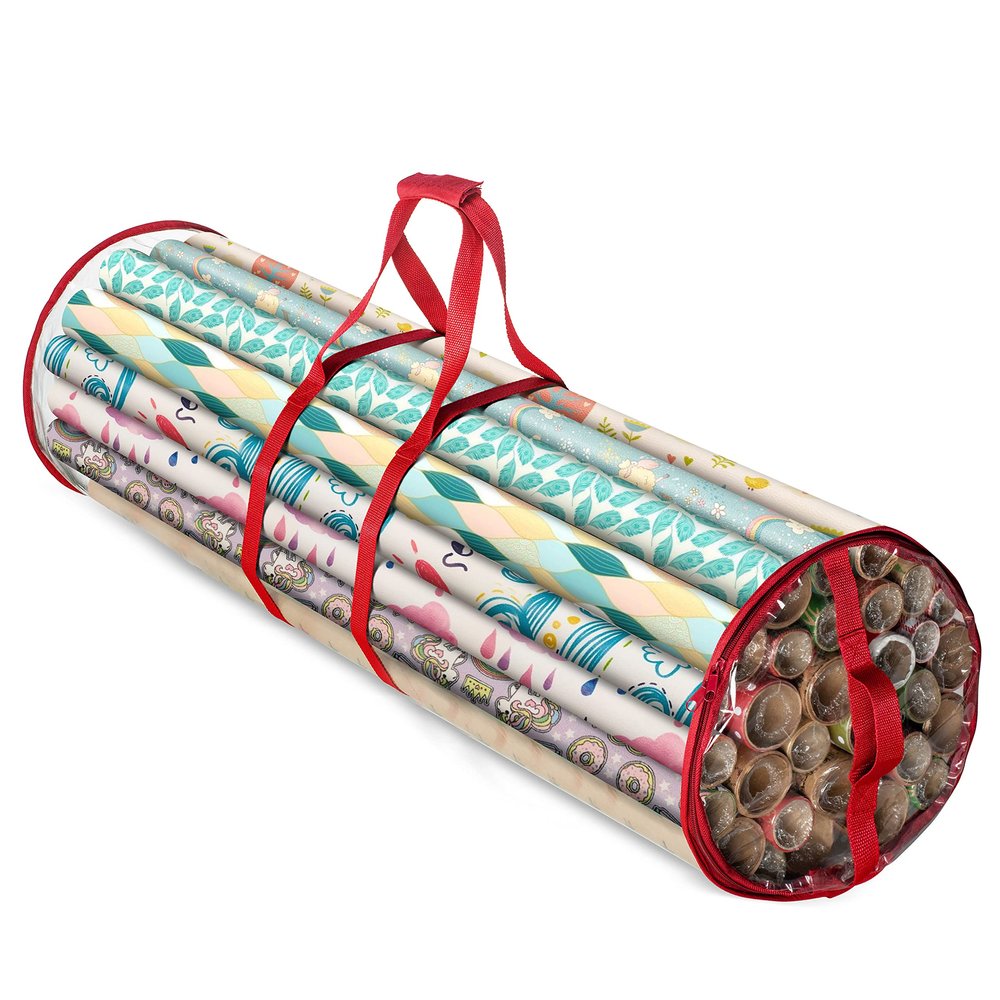 ZOBER Round Christmas Gift Wrapping Paper Organizer Storage - 40 Inch Gift Wrap Storage Containers - Wrapping Paper Holder, Clear PVC Waterproof, Fits 25 Standard Rolls - Red