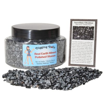 Digging Dolls: 1 Gift Jar (Around 2 lbs) of Tumbled Snowflake Obsidian Chip Stones w/Information Card - Polished Rocks for Crafts, Art, Vase Filler, Decoration, Reiki, Crystal Jewelry Making & More!