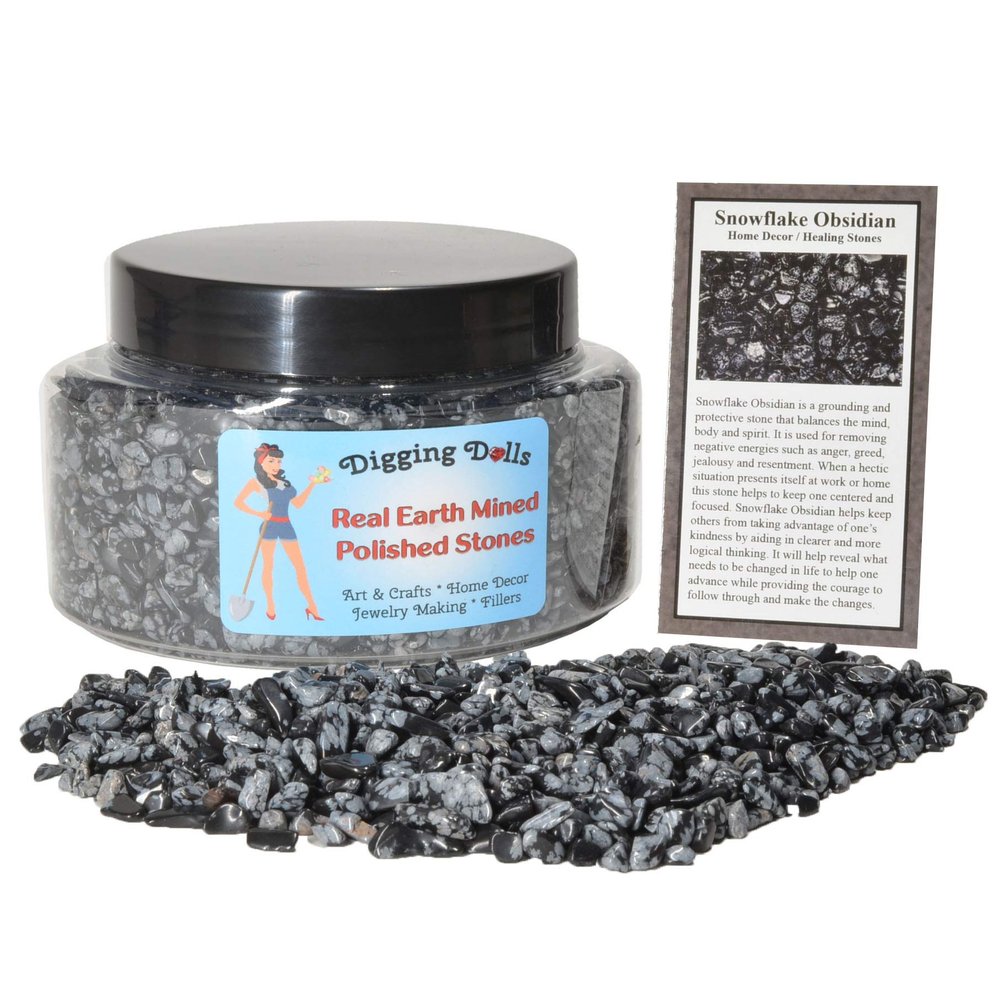 Digging Dolls: 1 Gift Jar (Around 2 lbs) of Tumbled Snowflake Obsidian Chip Stones w/Information Card - Polished Rocks for Crafts, Art, Vase Filler, Decoration, Reiki, Crystal Jewelry Making & More!