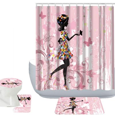 Amagical Cute Flower Fairy Girl 16 Piece Pink Bathroom Mat Set Shower Curtain Set Bath Mat Contour Mat Toilet Cover Fabric Waterproof Shower Curtain with 12 Hooks