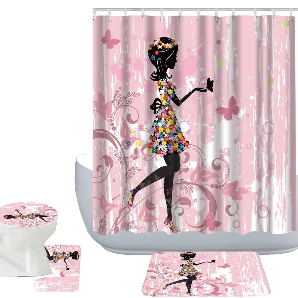 Amagical Cute Flower Fairy Girl 16 Piece Pink Bathroom Mat Set Shower Curtain Set Bath Mat Contour Mat Toilet Cover Fabric Waterproof Shower Curtain with 12 Hooks