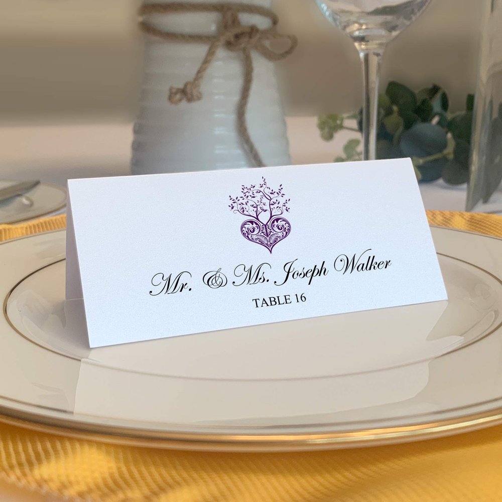 Tree of Life Heart Place Cards, Eggplant (Choose Color), Set of 150, Pre-cut and Scored - Wedding, Party, Dinner, and Special Events - Made in the USA