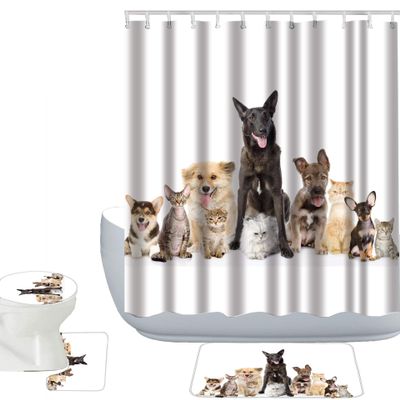 Amagical Cute Animals Group of Gats and Dogs Print 16 Piece Bathroom Mat Set Shower Curtain Set Bath Mat Contour Mat Toilet Cover Fabric Waterproof Shower Curtain with 12 Hooks
