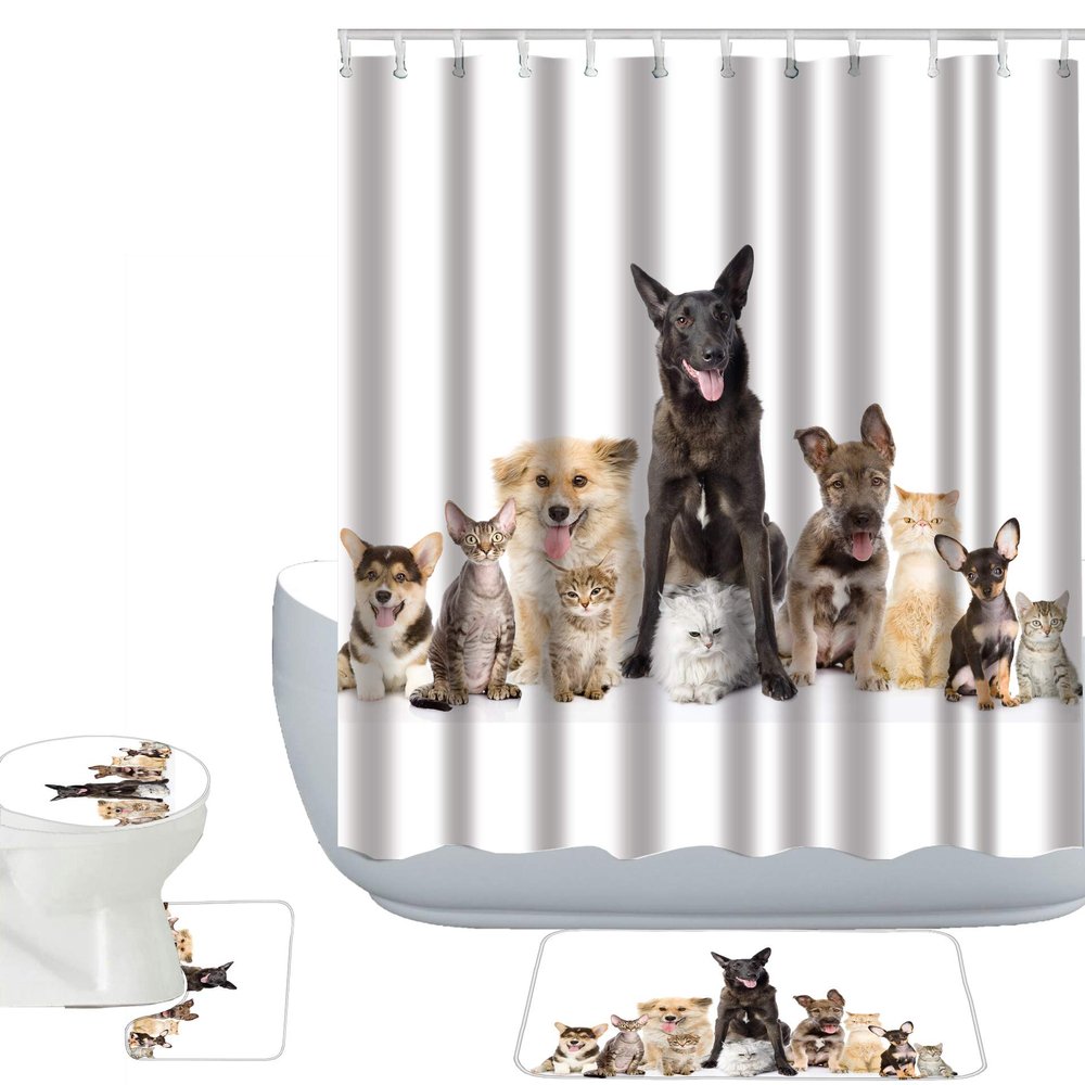 Amagical Cute Animals Group of Gats and Dogs Print 16 Piece Bathroom Mat Set Shower Curtain Set Bath Mat Contour Mat Toilet Cover Fabric Waterproof Shower Curtain with 12 Hooks