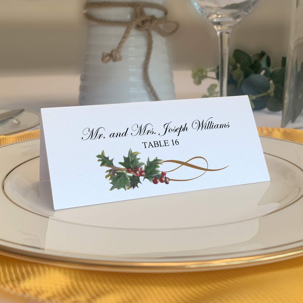 Christmas and Holiday Holly Swirl Place Cards, Set of 60, Pre-cut and Scored - Wedding, Party, Dinner, and Special Events - Made in the USA