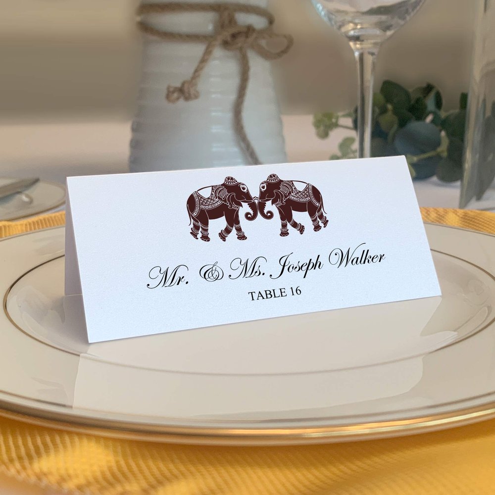 Indian Elephants Place Cards, Chocolate (Choose Color), Set of 60, Pre-cut and Scored - Wedding, Party, Dinner, and Special Events - Made in the USA